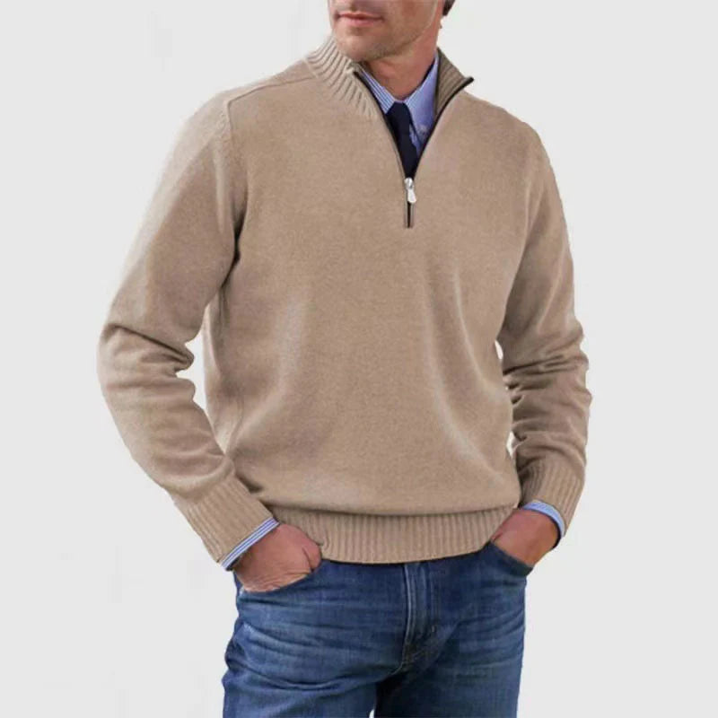 Soft and warm men's cotton sweater with a mock turtleneck and zipper