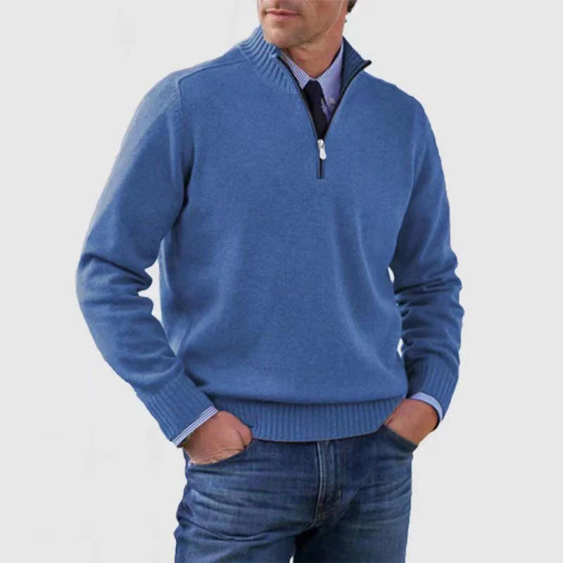 Soft and warm men's cotton sweater with a mock turtleneck and zipper