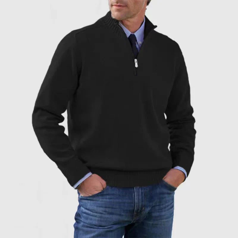 Soft and warm men's cotton sweater with a mock turtleneck and zipper