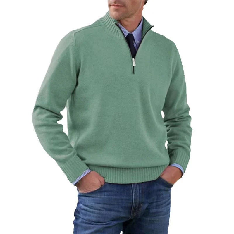 Soft and warm men's cotton sweater with a mock turtleneck and zipper