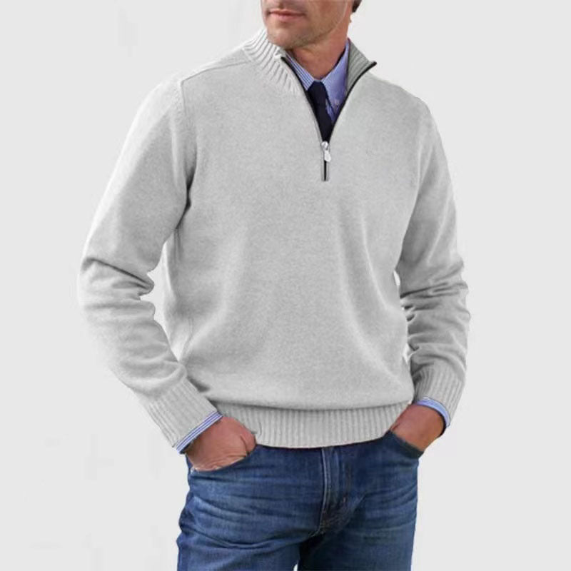 Soft and warm men's cotton sweater with a mock turtleneck and zipper