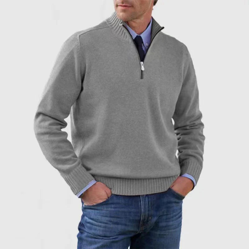 Soft and warm men's cotton sweater with a mock turtleneck and zipper