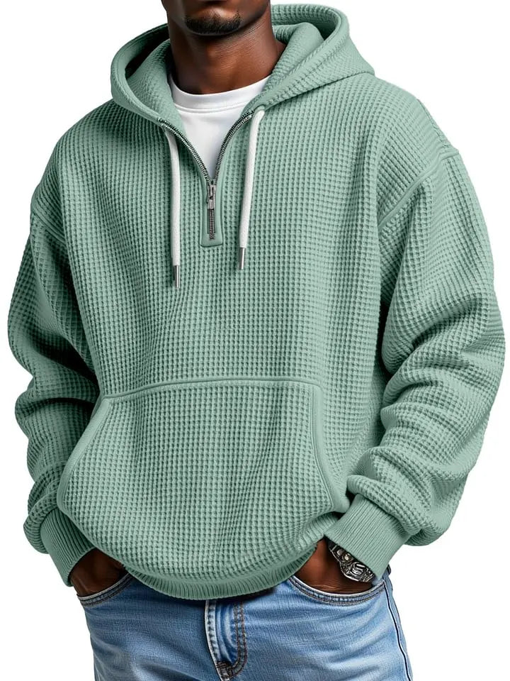 Men's Casual Solid Color Waffle  Sleeve Hooded Sweatshirt
