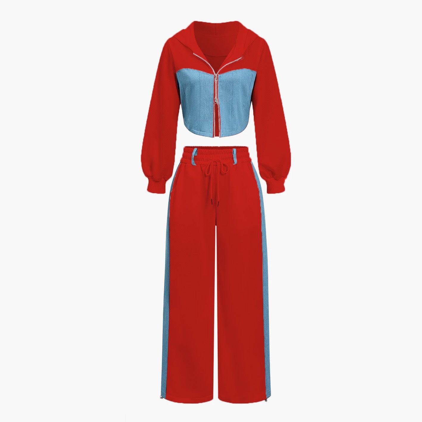 Denim patchwork hooded top and trousers two-piece set
