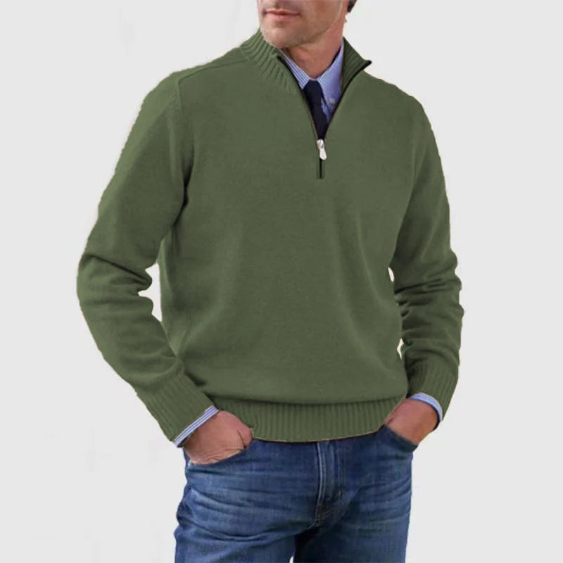 Soft and warm men's cotton sweater with a mock turtleneck and zipper