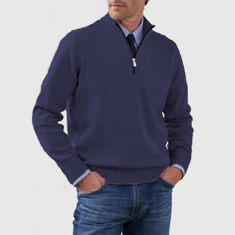Soft and warm men's cotton sweater with a mock turtleneck and zipper