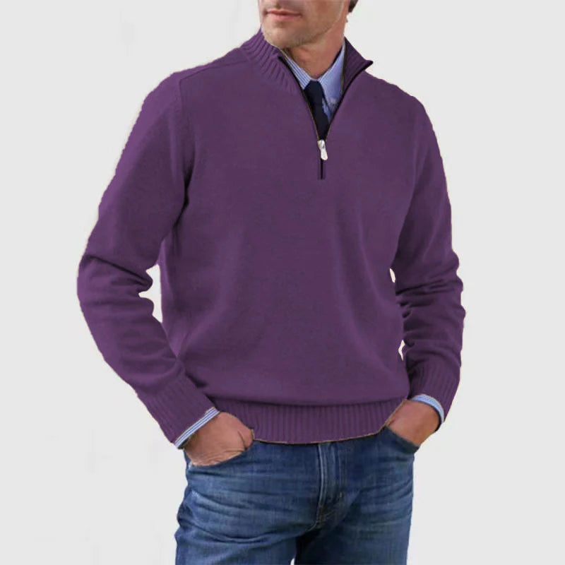 Soft and warm men's cotton sweater with a mock turtleneck and zipper