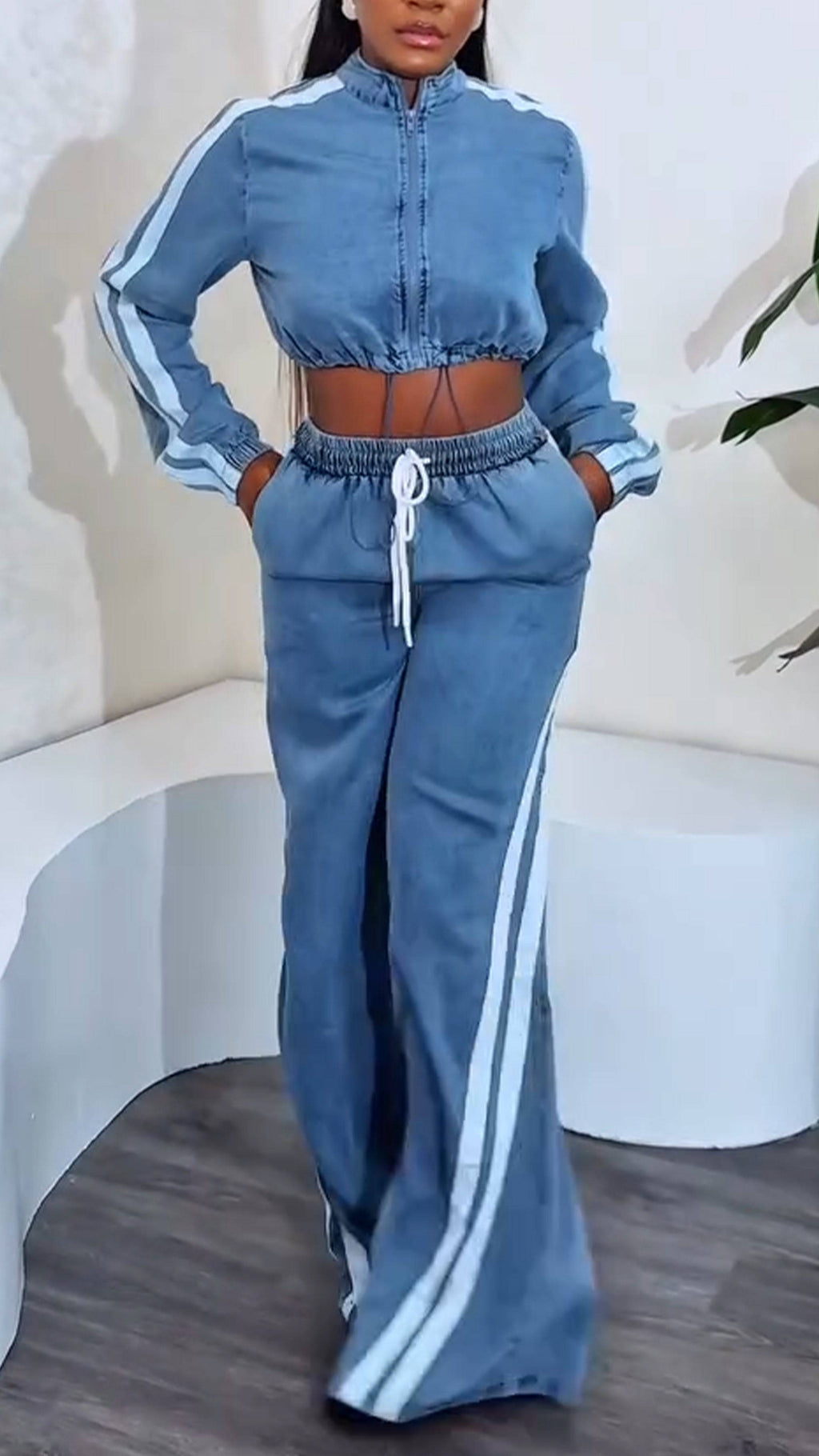 Ladies' Round Neck Zipper Vertical Stripe Top+ Pants Casual Set