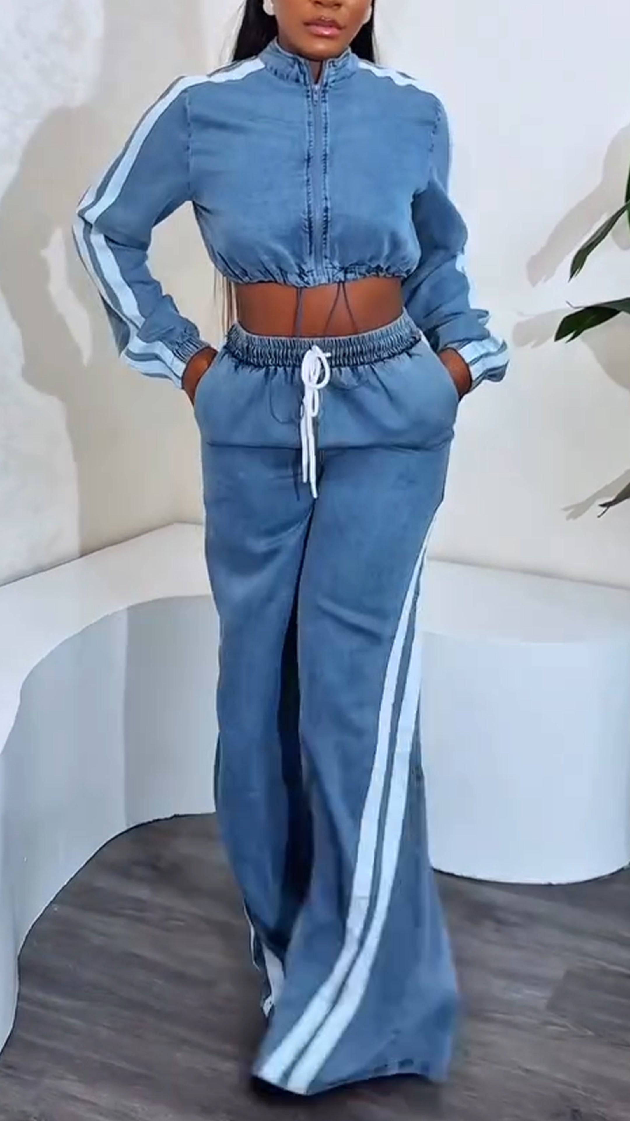 Ladies' Round Neck Zipper Vertical Stripe Top+ Pants Casual Set