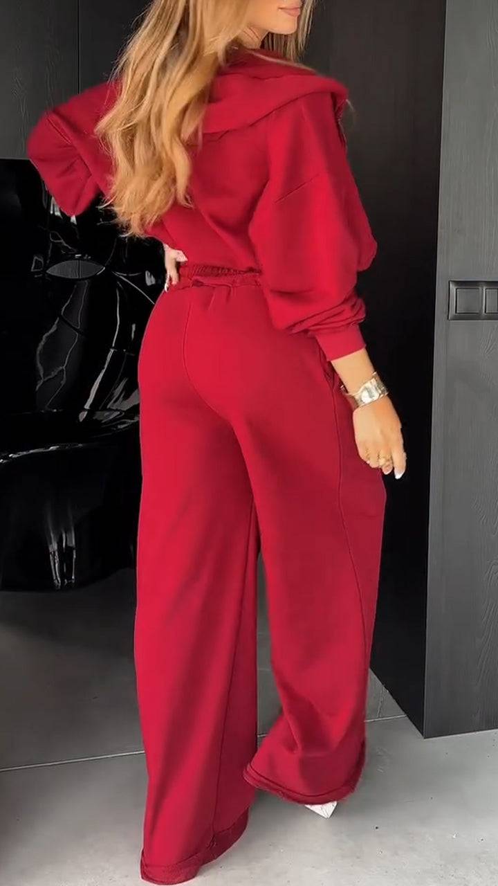 Ladies Round Neck Hooded Zipper Jacket+ Pants Casual Set