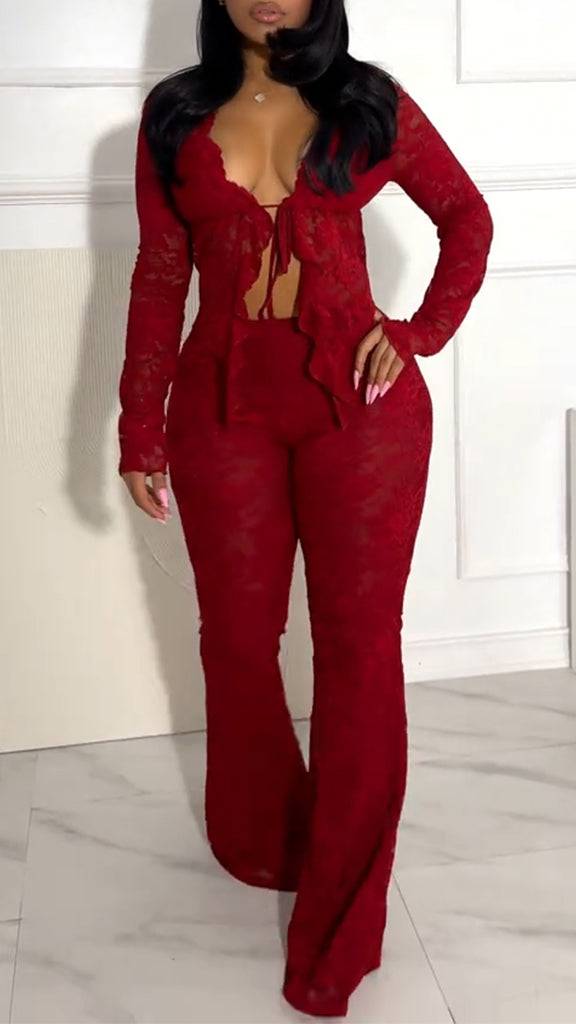 Ladies Printed Lace Strap Top+ Pants Sexy Temperament Set