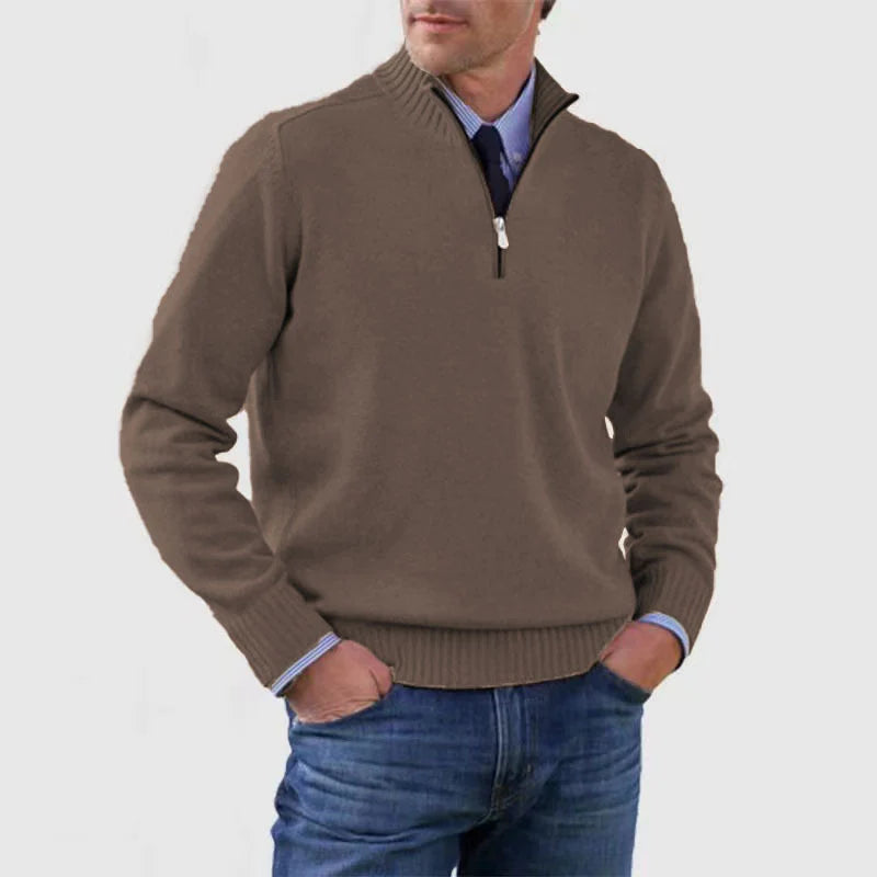 Soft and warm men's cotton sweater with a mock turtleneck and zipper