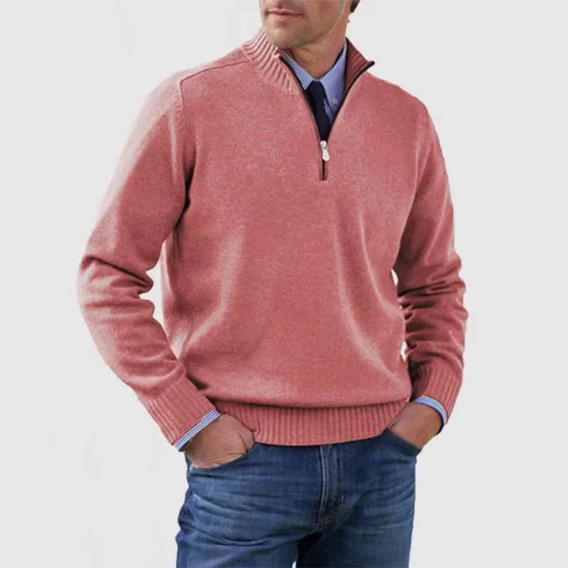 Soft and warm men's cotton sweater with a mock turtleneck and zipper
