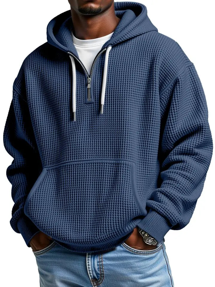 Men's Casual Solid Color Waffle  Sleeve Hooded Sweatshirt