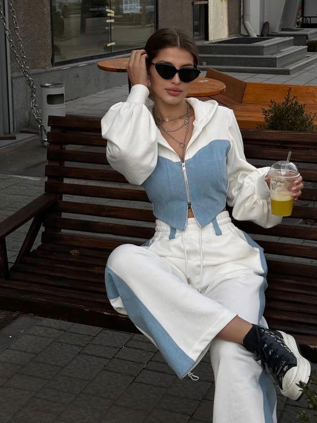 Denim patchwork hooded top and trousers two-piece set