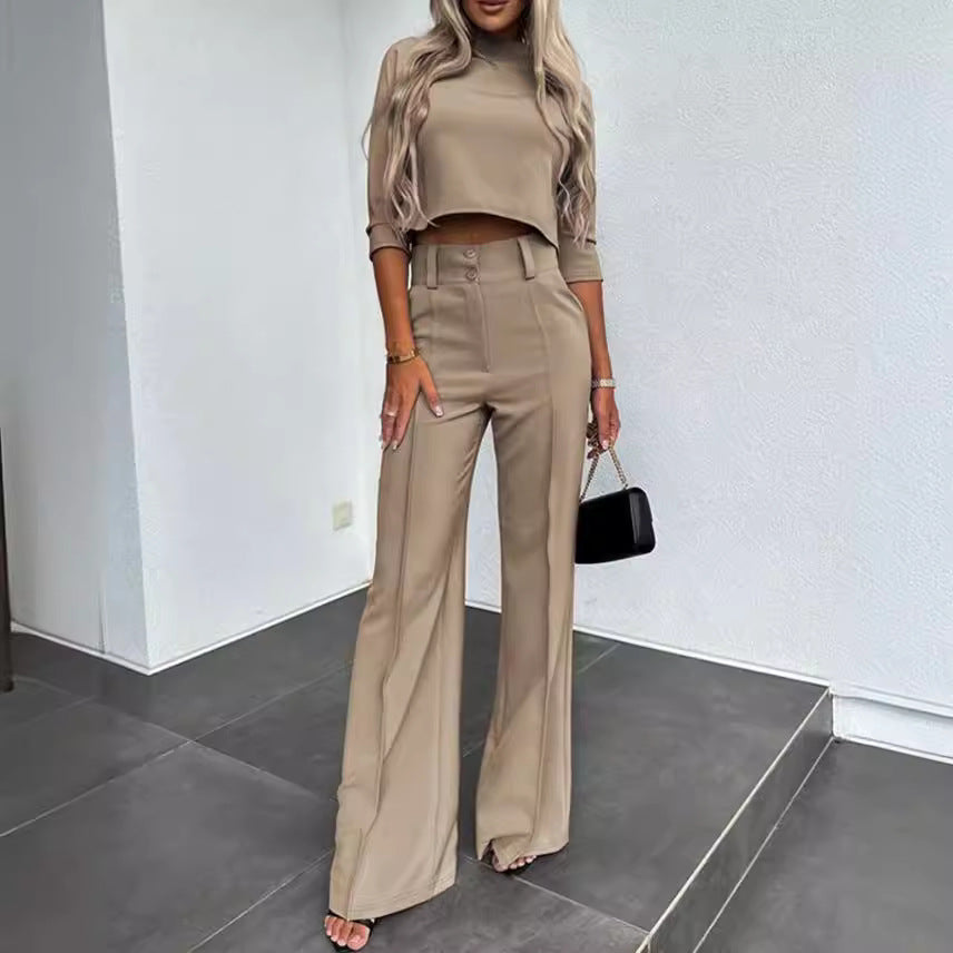 Solid-Color Jacket and High-Waisted Straight-Leg Pants