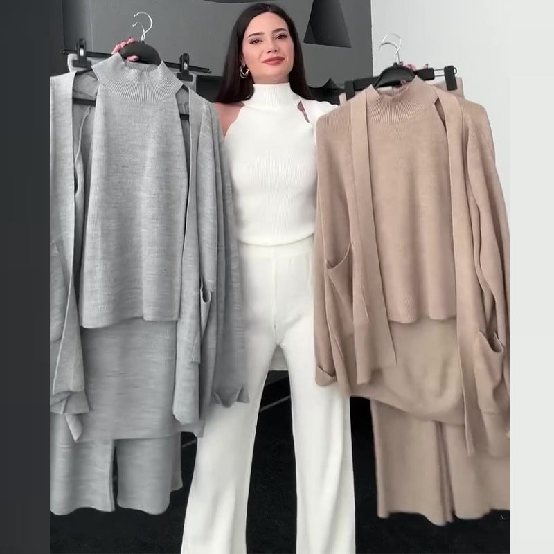 Ladies' solid color sleeveless turtleneck base sweater three piece suit