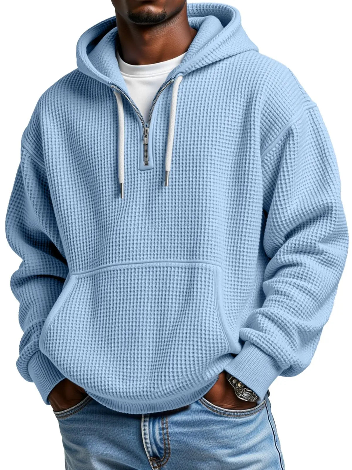 Men's Casual Solid Color Waffle  Sleeve Hooded Sweatshirt