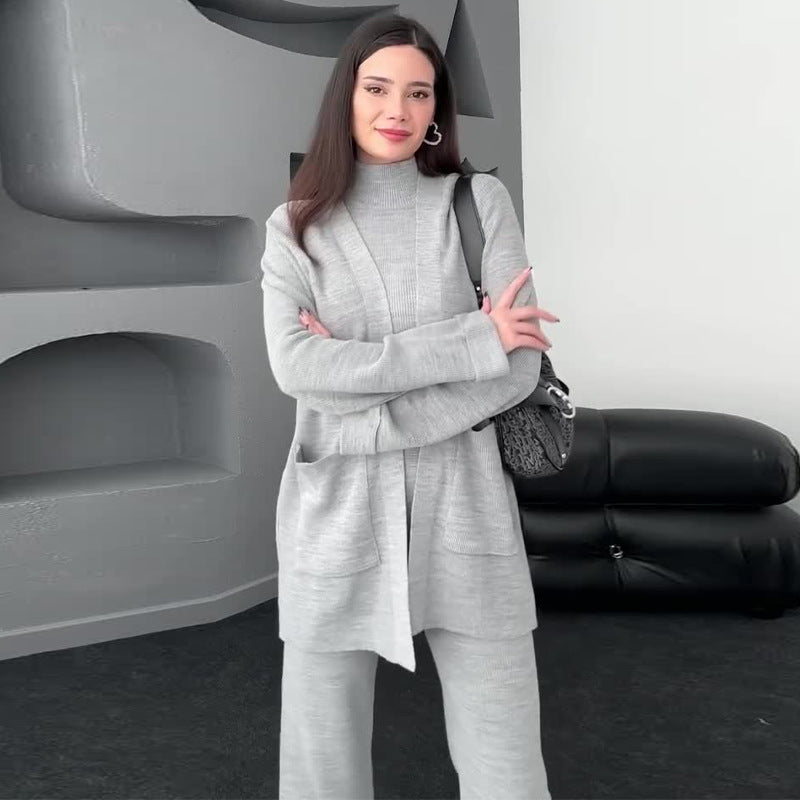 Ladies' solid color sleeveless turtleneck base sweater three piece suit