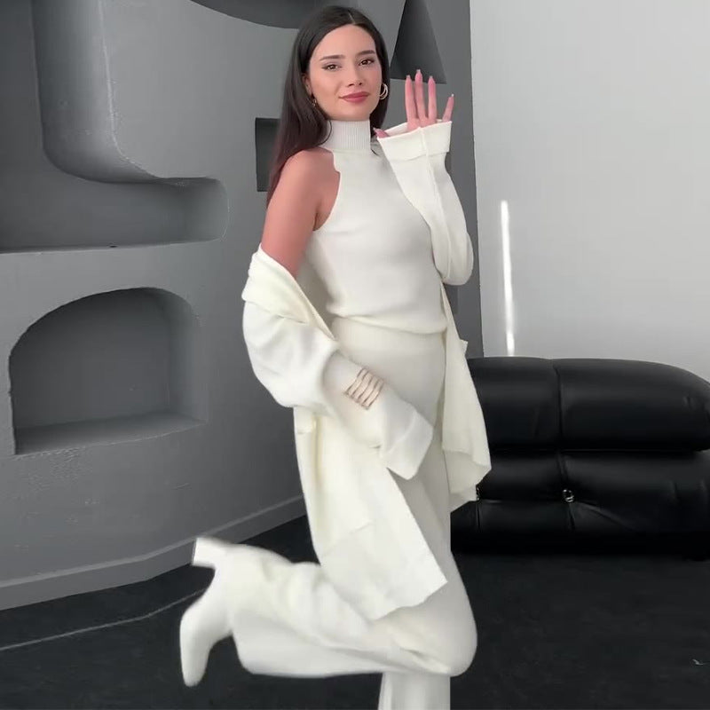 Ladies' solid color sleeveless turtleneck base sweater three piece suit