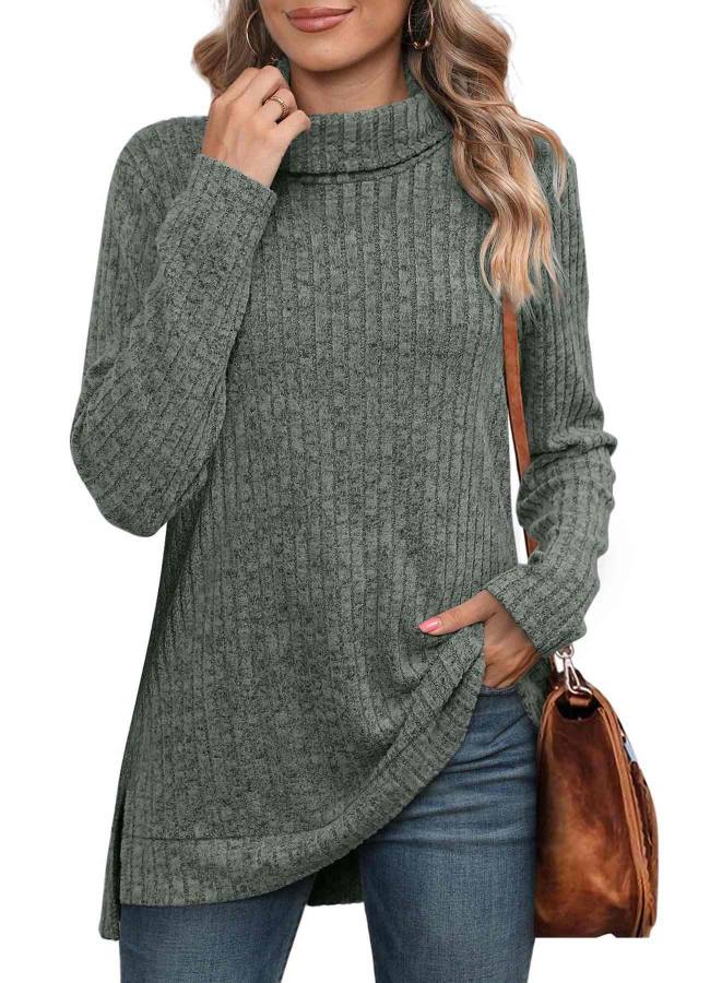 High-neck scarf, side slit, solid color long-sleeved T-shirt