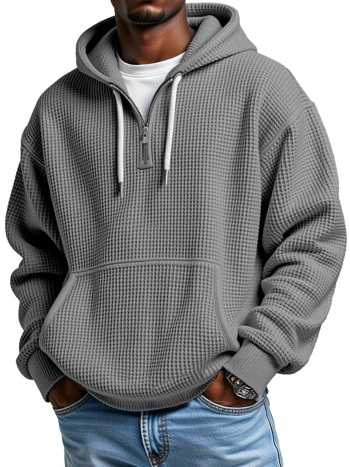Men's Casual Solid Color Waffle  Sleeve Hooded Sweatshirt