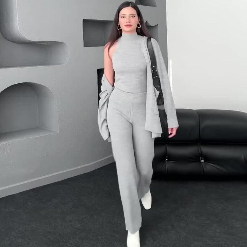 Ladies' solid color sleeveless turtleneck base sweater three piece suit