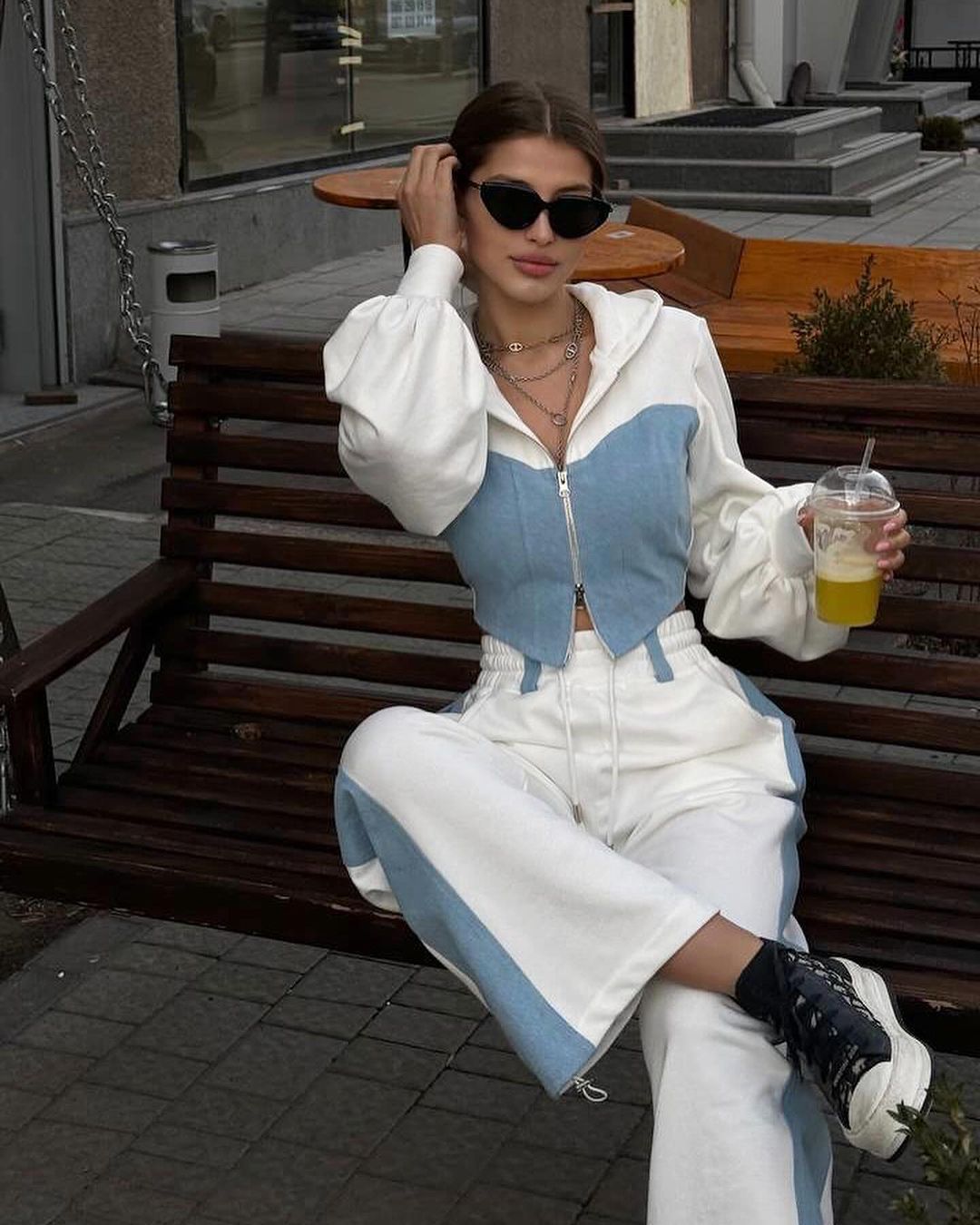 Denim patchwork hooded top and trousers two-piece set