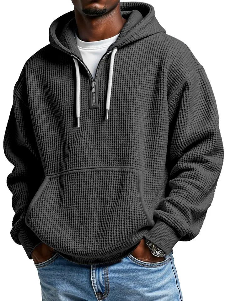 Men's Casual Solid Color Waffle  Sleeve Hooded Sweatshirt