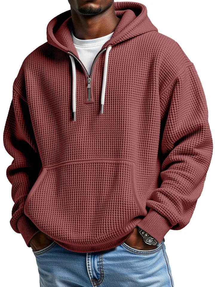 Men's Casual Solid Color Waffle  Sleeve Hooded Sweatshirt