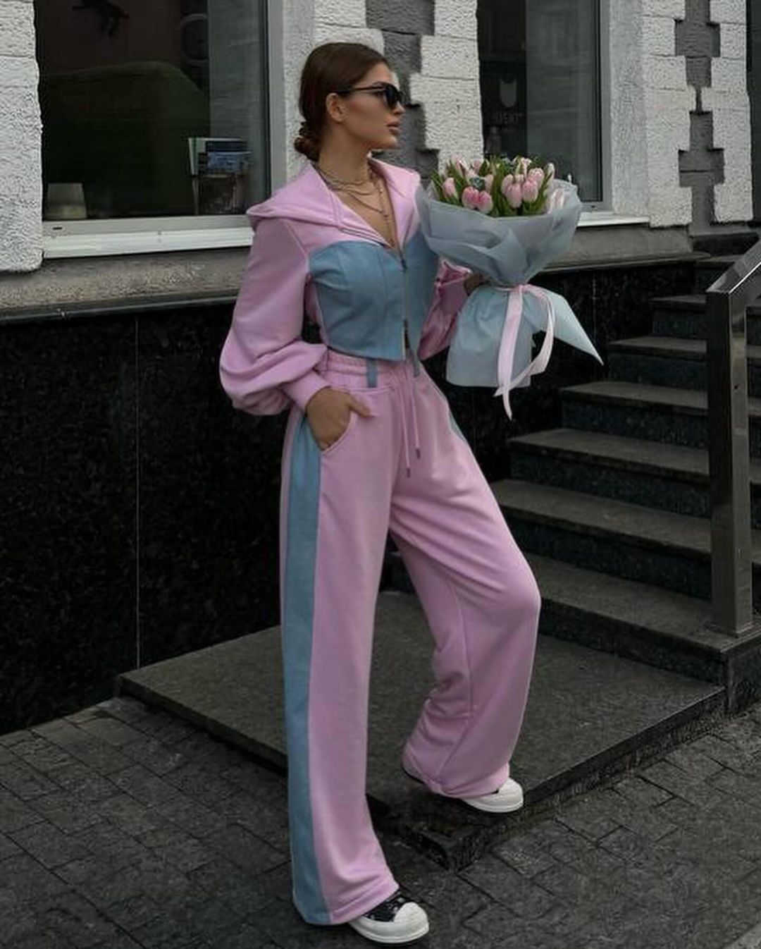 Denim patchwork hooded top and trousers two-piece set