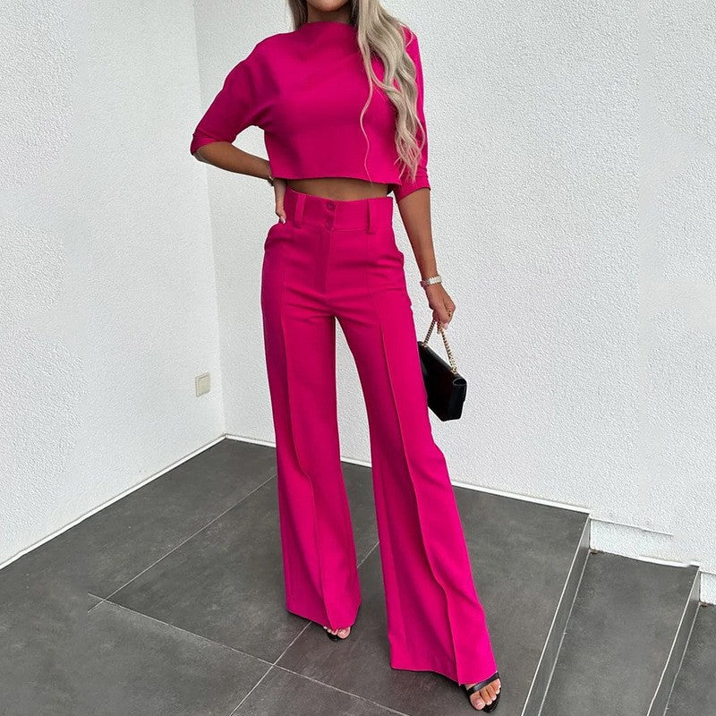 Solid-Color Jacket and High-Waisted Straight-Leg Pants