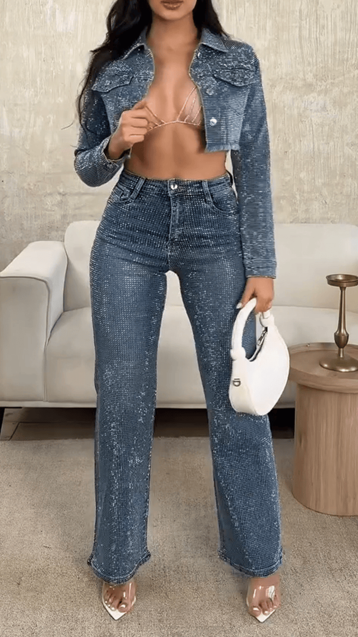 Ladies Collar Hot Pressed Diamond Cardigan+ Pants Casual Set