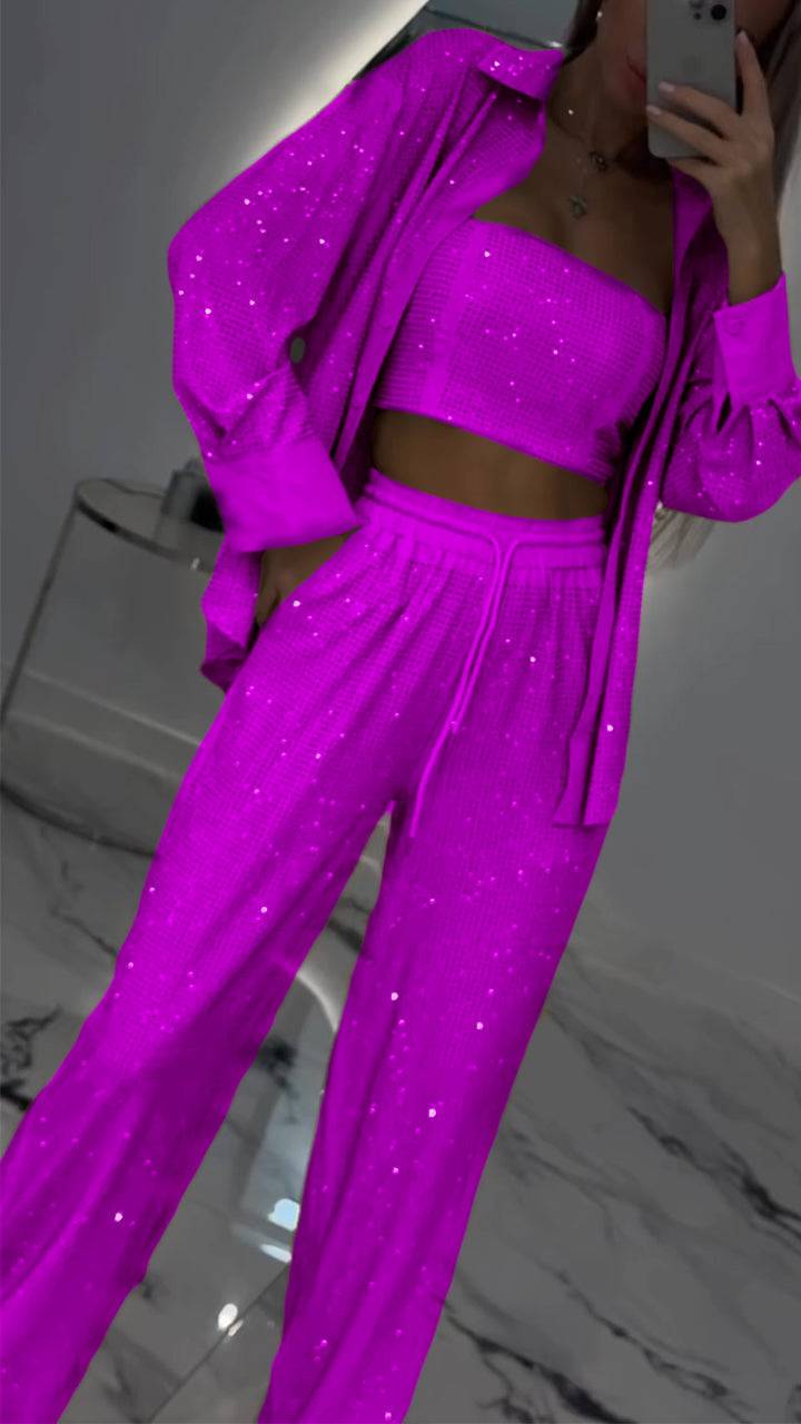 Women's Casual Three Piece Lapel Rhinestone Suit