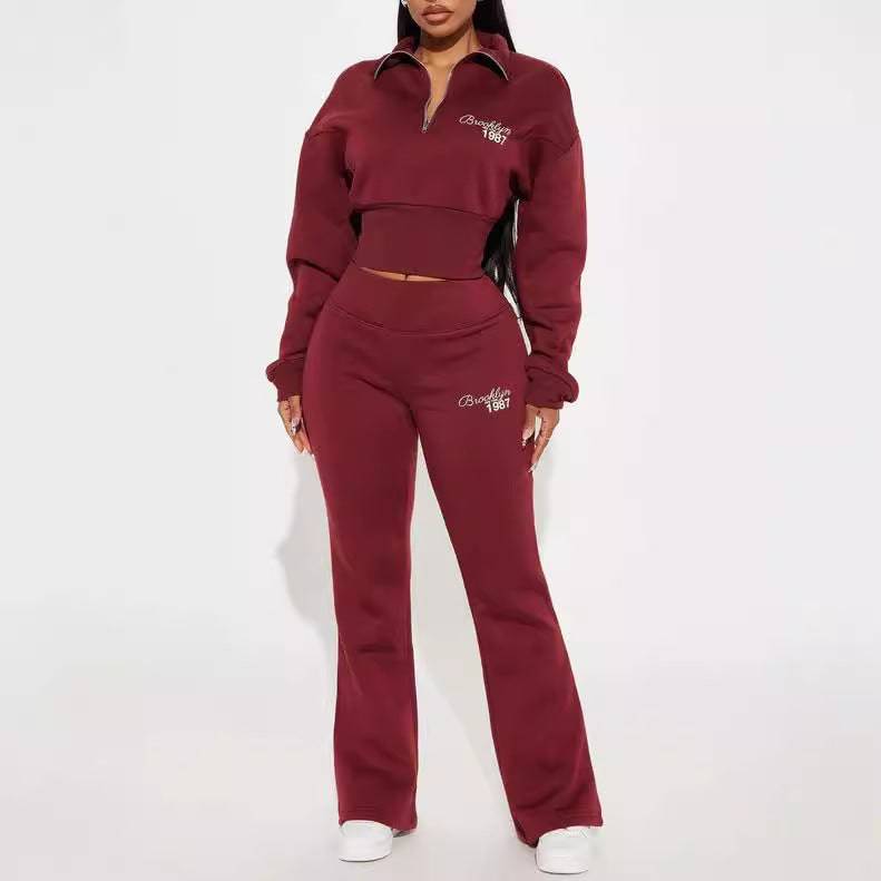 Autumn and winter new fashion suit loose waist short top, low waist mop long trousers, two -piece set