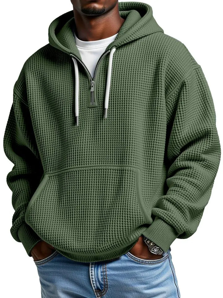 Men's Casual Solid Color Waffle  Sleeve Hooded Sweatshirt