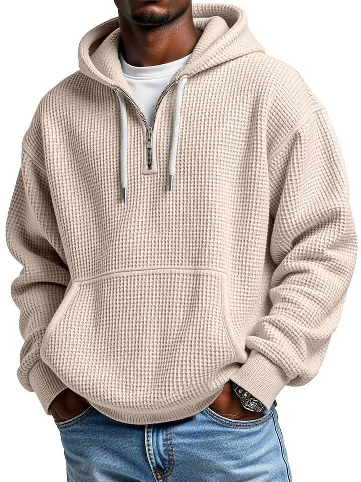 Men's Casual Solid Color Waffle  Sleeve Hooded Sweatshirt