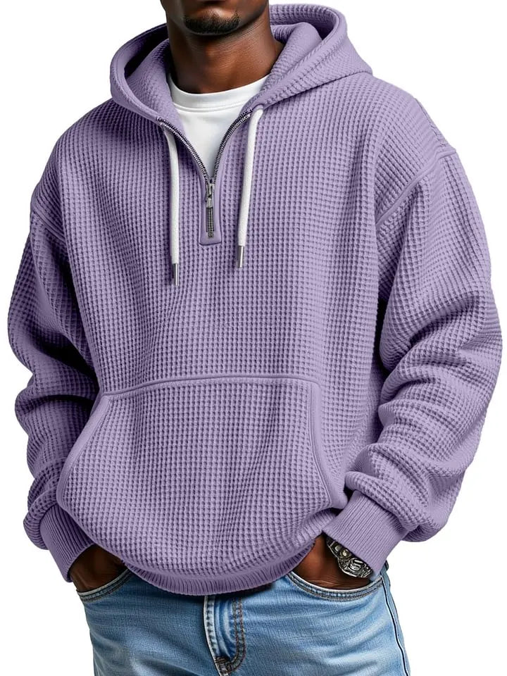 Men's Casual Solid Color Waffle  Sleeve Hooded Sweatshirt