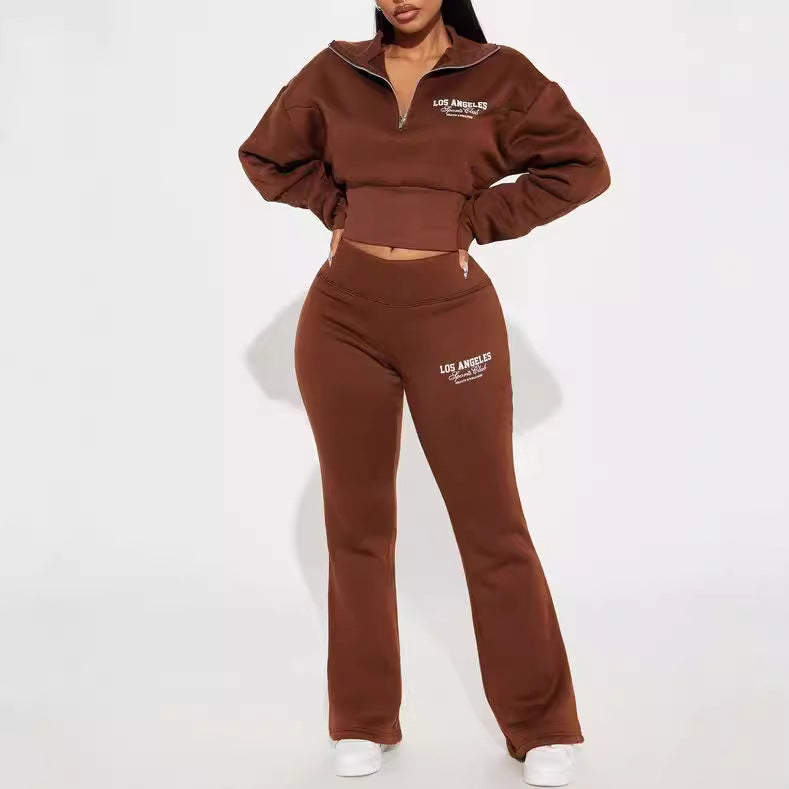 Autumn and winter new fashion suit loose waist short top, low waist mop long trousers, two -piece set