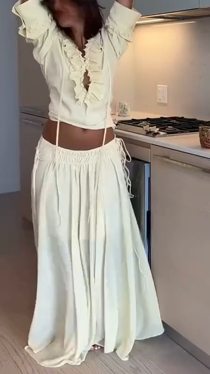 Ladies' V-neck Patchwork Drawstring Top+ Skirt Casual Set