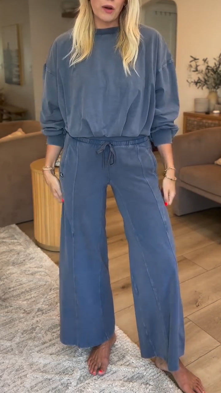 Ladies Round Neck Solid Color Splicing Casual Set