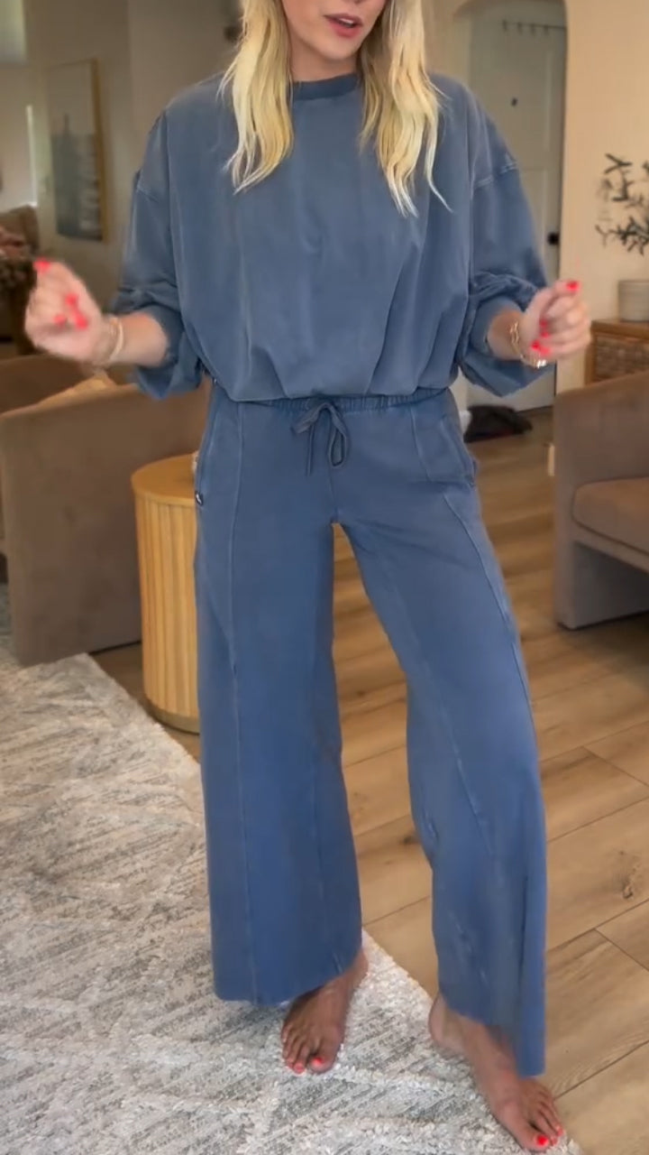 Ladies Round Neck Solid Color Splicing Casual Set