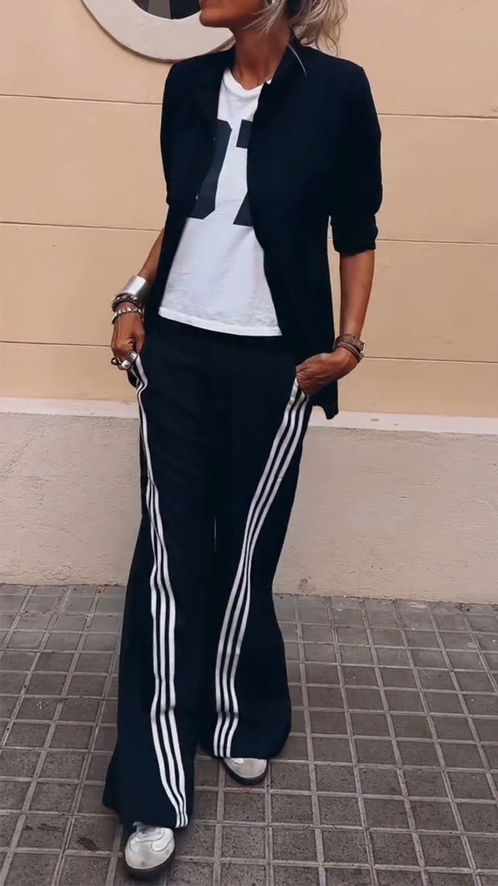Ladies' Solid Color Jacket+ Vertical Striped Pants Casual Temperament Set