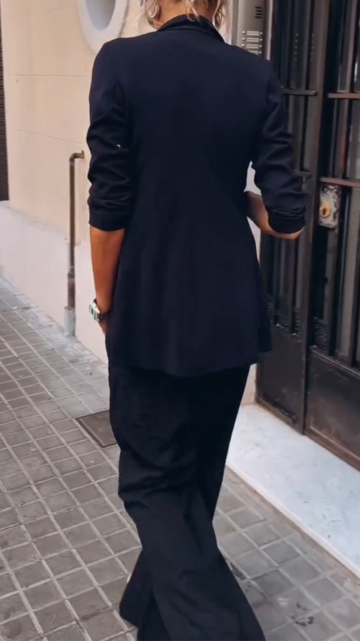 Ladies' Solid Color Jacket+ Vertical Striped Pants Casual Temperament Set