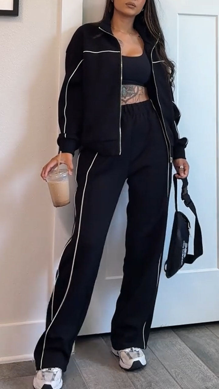 Women's Autumn Casual Side Stripe Sports Outdoor Jacket Coat Pants Set