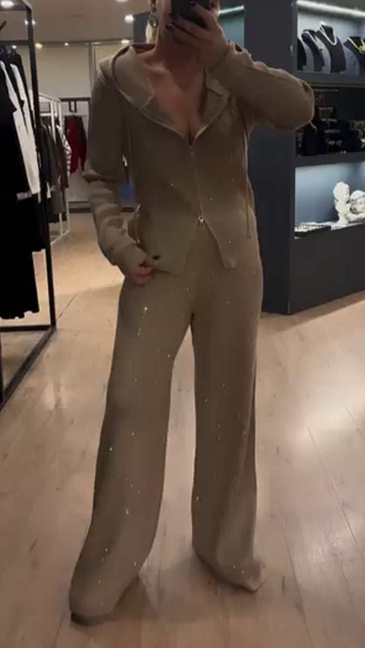 Ladies Round Neck Hooded Zipper Top+ Pants Sequin Casual Set