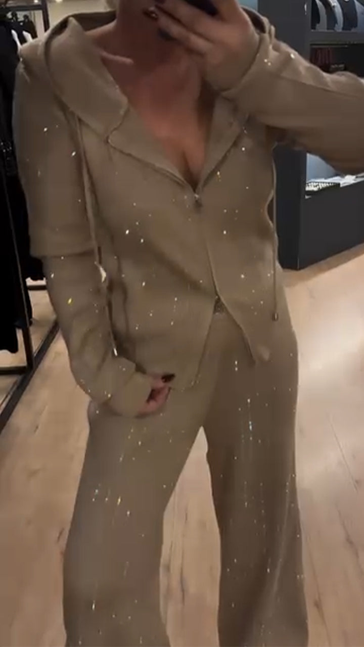 Ladies Round Neck Hooded Zipper Top+ Pants Sequin Casual Set