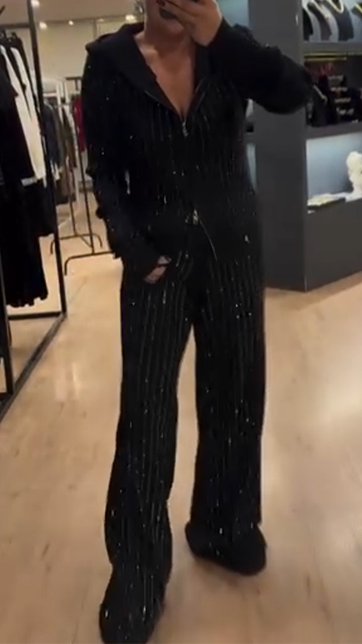 Ladies Round Neck Hooded Zipper Top+ Pants Sequin Casual Set