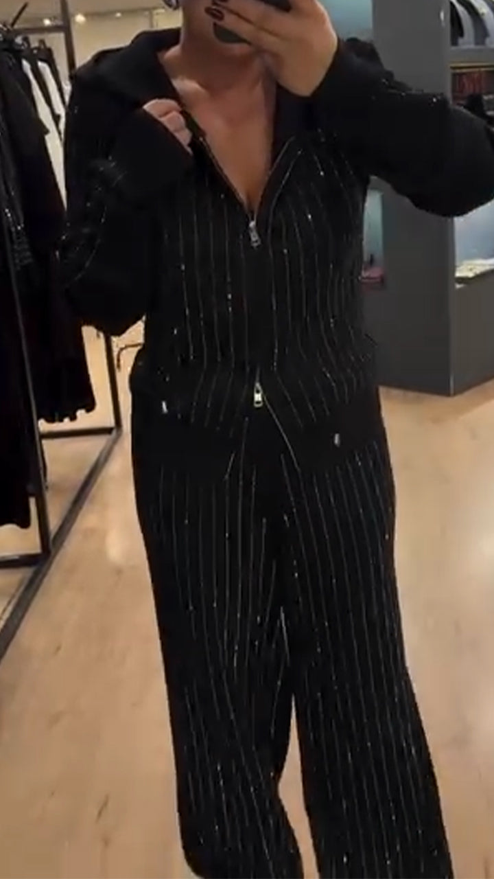 Ladies Round Neck Hooded Zipper Top+ Pants Sequin Casual Set