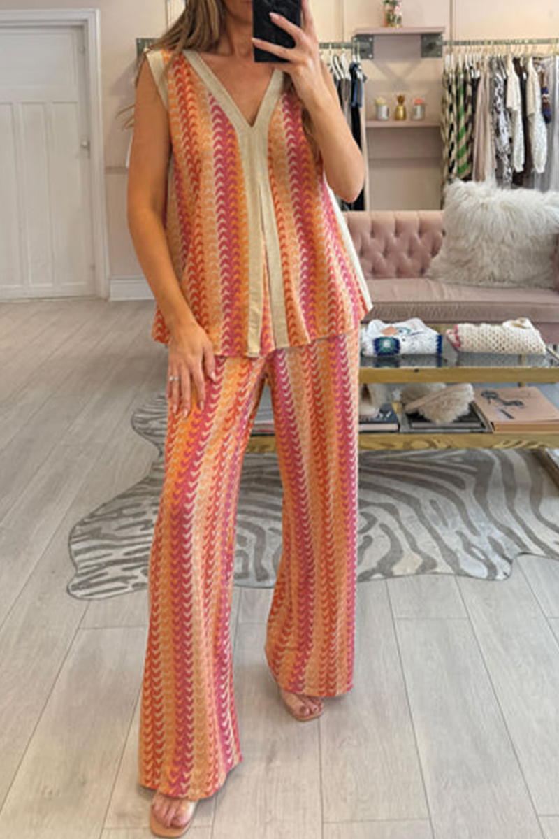 Ladies' V-neck Vertical Print Multi-color Casual Set